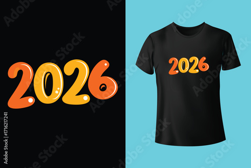 Happy new year 2026 celebration design with clock and fireworks on white t shirt mockup