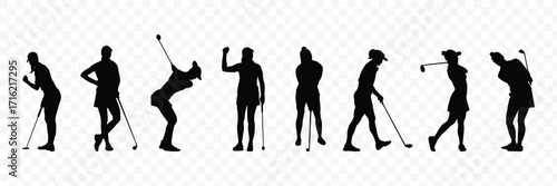 Silhouette male golf golfer golfing action poses in the ground . Transparent PNG available
Silhouette illustration of golfers in various swinging and standing poses with golf clubs  . 