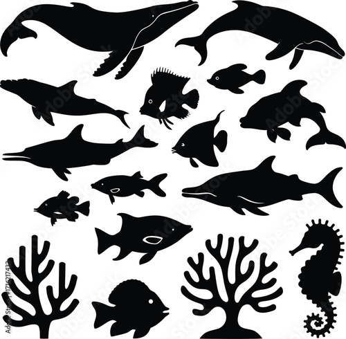 Vector art of marine life silhouette featuring whales, dolphins, seahorses, fish, and coral, showcasing a diverse underwater ecosystem