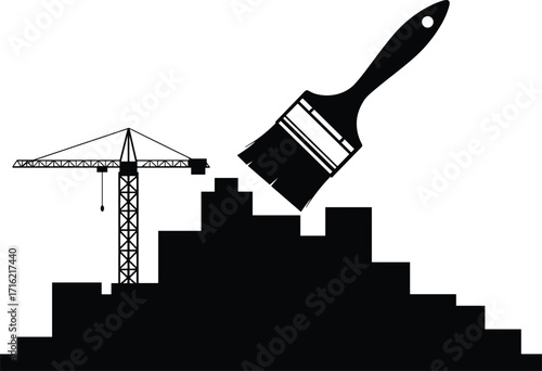 silhouette, crane, paintbrush, building, construction, art, design, structure, site, tool, equipment, vector, black, icon, creative, project, industrial, worksite, architecture, concept