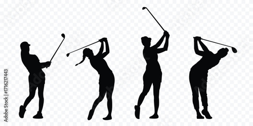 set of vector silhouette female professional golfers playing golf  . golfer, golf girls black vector silhouettes . eps 10