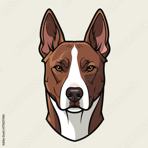 Vector art of head portrait of a brown pitbull dog with white markings