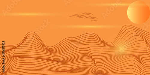 Vector abstract art Mount Fuji Japan landmark, landscape mountain with birds and sunrise sunset by gold line art texture isolated on brown color