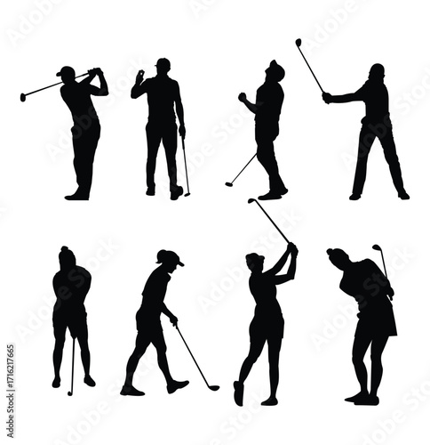  golfers silhouette collection. Golf Player set. People playing golf in trendy flat style isolated on white background, symbol for your website design, logo, app . eps 10