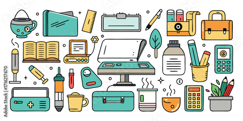 Collection of office supplies and stationery items for desk organization and workspace essentials