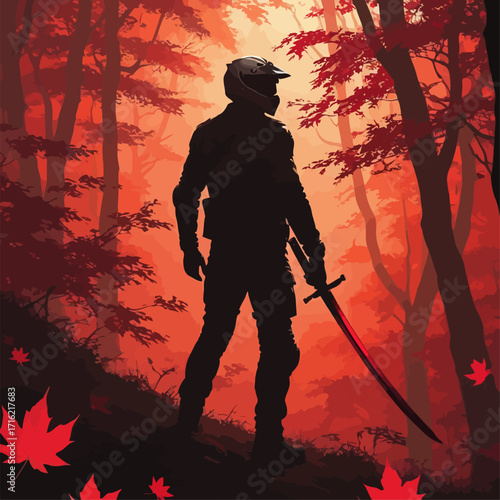 vector silhouette of a biker in a mountain background, carrying a katana