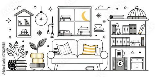 Cozy living room doodle art elements with sofa bookshelf and plant