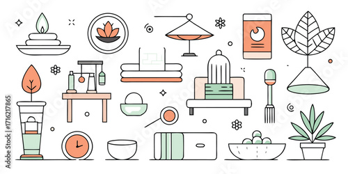 Collection of decorative home accents featuring candles plants and shelving with artistic flair