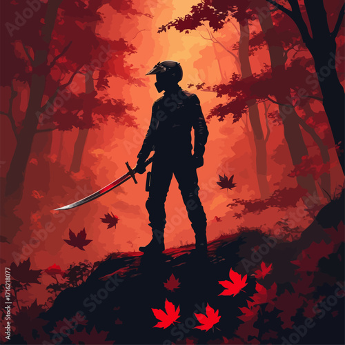vector silhouette of a biker in a mountain background, carrying a katana