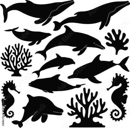 Vector art of silhouette of marine animals whale, dolphin, seahorse, coral vector illustration of underwater wildlife in black color