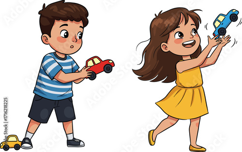 Happy children playing with colorful toy cars, boy holding red car, girl lifting blue car, fun childhood cartoon illustration activity