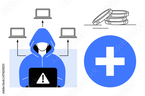 Hacker in hoodie working on laptop with warning sign, networked computers, coins, and protection icon. Ideal for cybersecurity, hacking, phishing, online threats, fraud data privacy simple flat