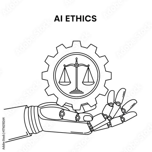 Vector art of ai ethics concept with robot hand holding scales of justice