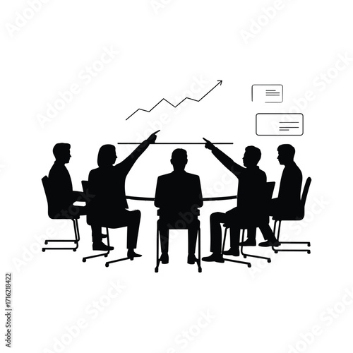 Business meeting with silhouettes pointing at a rising graph on a screen discussing growth strategy