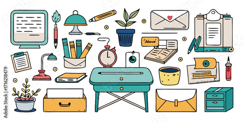 Whimsical desk supplies and stationery elements for creative workspaces and office organization
