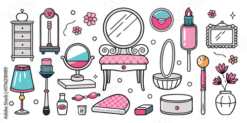 Charming dressing table vanity set with accessories and makeup collection decorative elements