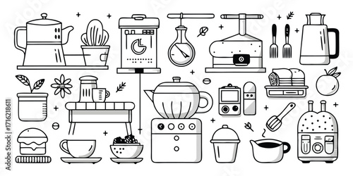 Hand-drawn collection of coffee and kitchen appliances icons for design projects