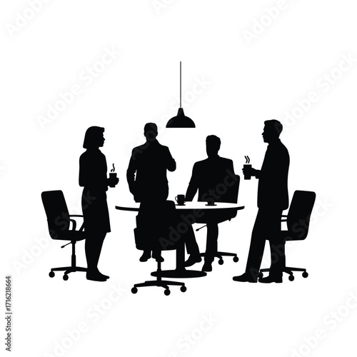 Silhouette of diverse business professionals in a modern meeting room collaborating around a table