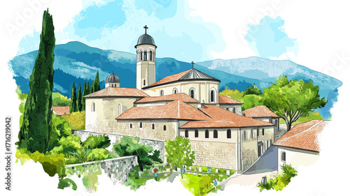 Studenica Monastery. Studenica Monastery watercolor vector illustration