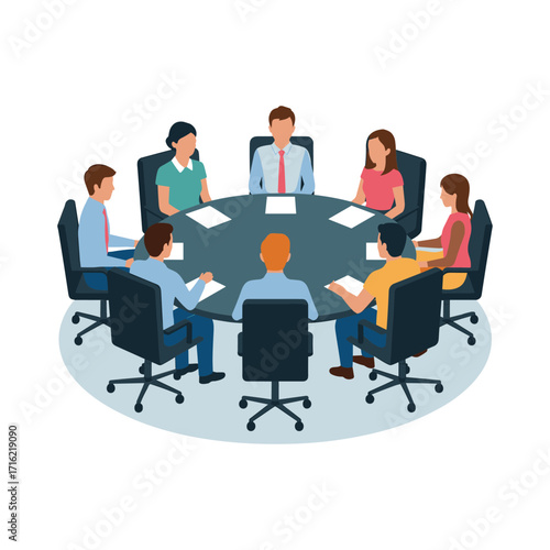 Diverse business team collaborating around a round conference table during a meeting discussion.