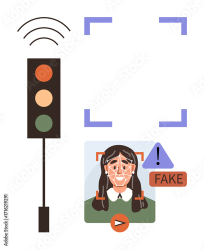 Traffic light, facial recognition scanning grid, and deepfake detection warning on human face. Ideal for technology, security, AI analysis, deepfake awareness, digital verification, ethics simple