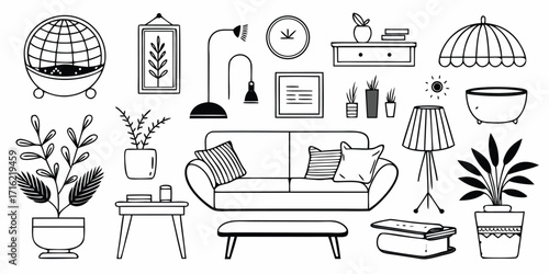 Hand-drawn interior scene with sofa plants lamp table and decorative items sketch