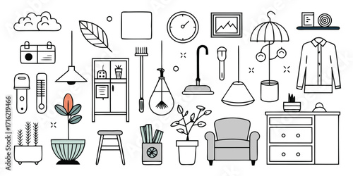Hand drawn sketch collection of modern home furniture decor and objects for interior design