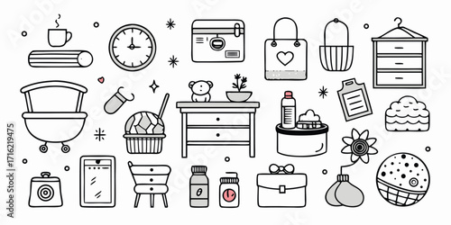 Collection of doodle style furniture and home decor items for interior design and lifestyle themes