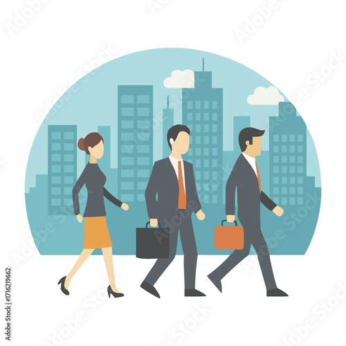 Diverse business professionals commuting city streets busy urban workplace environment career success
