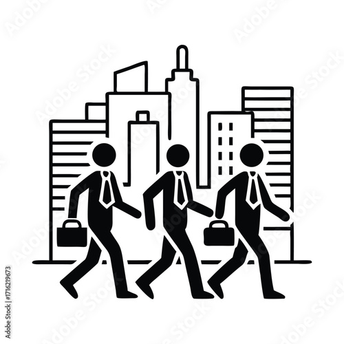 Diverse business professionals moving through a vibrant urban cityscape at day