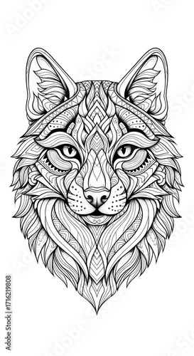 Intricate mandala-style fox head drawing, black and white, detailed patterns, suitable for adult coloring books and creative projects.
