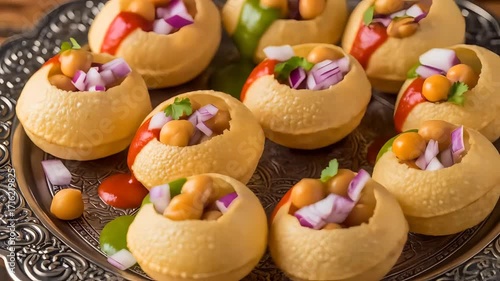 Close Up Of Traditional Indian Street Food Pani Puri Appetizers On Silver Tray