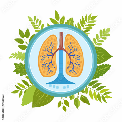 Human lung illustration surrounded by vibrant green leaves concept