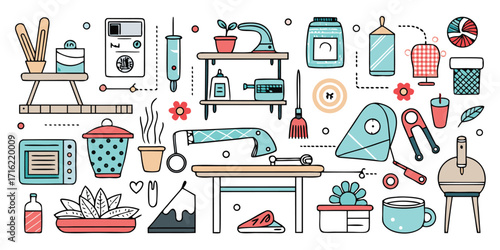 A collection of household objects and crafting supplies featuring sewing machine kitchenware plants