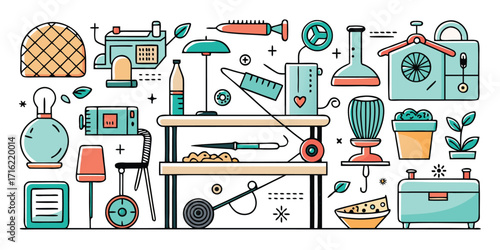 Whimsical collection of kitchen appliances and furniture elements with playful design