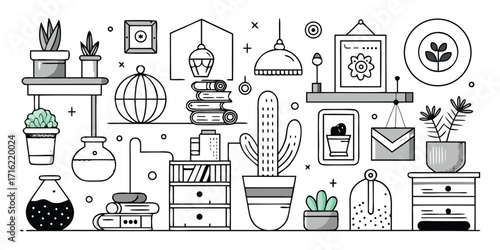 Charming hand-drawn collection of home decor and furniture elements for interior design