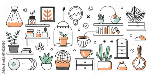 Cozy interior decor sketch collection featuring potted plants shelves and home accents
