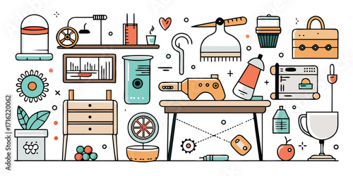 Artistic collage of household items tools and decor elements scattered across surface