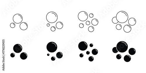 Bubble icon set. Soap foam, fizzy drink, oxygen bubbles .  bubble vector icon in black white fill and line style. Bubble, Foam, Cleaning icon . eps 10 
 