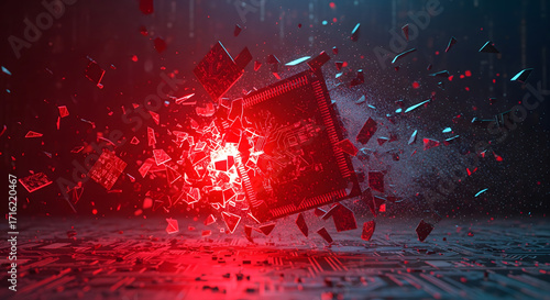 Digital Disintegration: A futuristic scene unfolds as a data cube shatters violently, bathed in red and blue light, symbolizing technological disruption and the ephemeral nature of information.