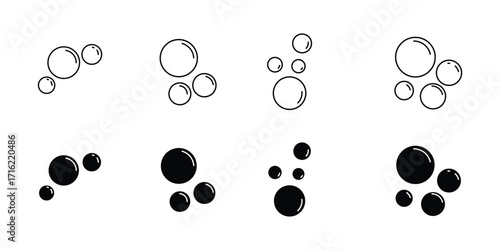 Bubble icon set. Soap foam, fizzy drink, oxygen bubbles .  bubble vector icon in black white fill and line style. Bubble, Foam, Cleaning icon . eps 10 
 