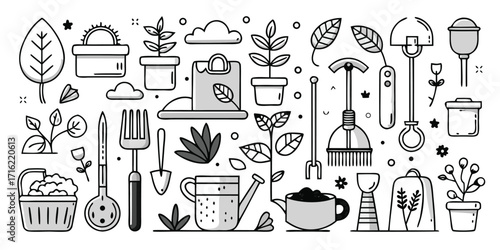 Essential gardening tools and plants hand drawn sketch collection for garden enthusiasts