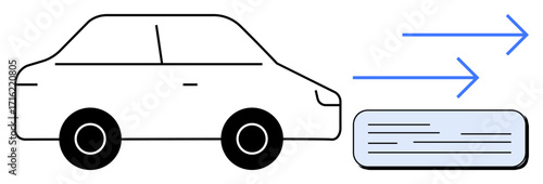 Minimalist depiction of a car with movement arrows and exhaust bar. Ideal for transport, mobility, energy efficiency, automotive technology, innovation, sustainability, eco-consciousness. Simple flat