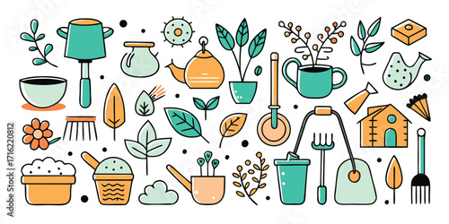 Whimsical gardening tools and plants collection for a vibrant garden