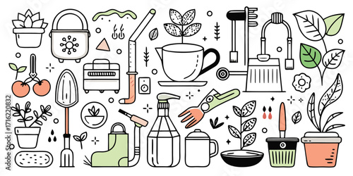 Whimsical hand-drawn gardening tools and plants collage art