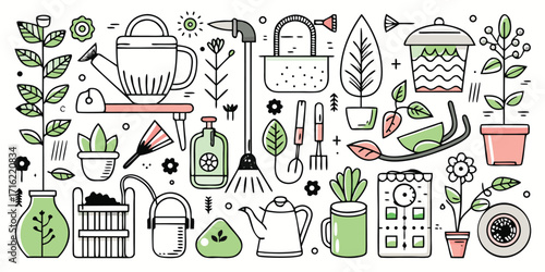 Whimsical doodle collection of gardening tools pots plants and watering cans for creative projects