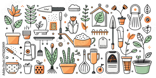 Charming hand-drawn gardening tools and plants doodle collection for creative projects