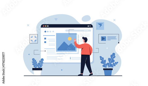 Digital design concept with person interacting with website interface for creative projects