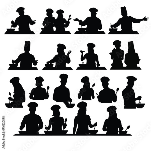 Vector art of collection of chef silhouettes cooking and preparing food