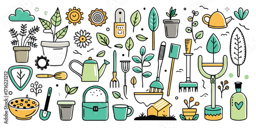 Whimsical hand drawn gardening tools and plants collection for your garden projects
